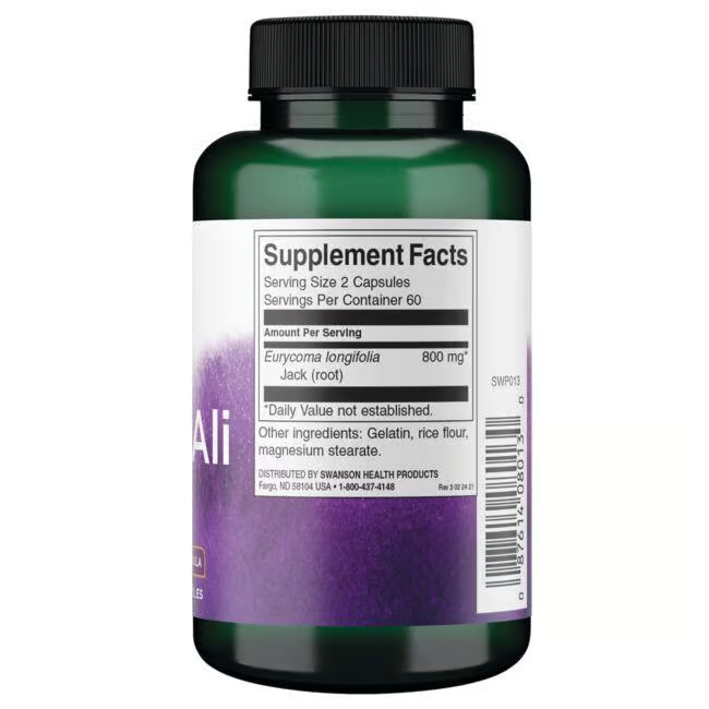 A green bottle of Swanson's Tongkat Ali 400 mg dietary supplement features a label with supplement facts, highlighting 800 mg of Eurycoma longifolia Jack (root) per serving, known for its natural aphrodisiac properties.