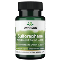 Thumbnail for Swanson's Sulforaphane from Broccoli Sprout Extract provides 400 mcg per capsule, with 60 veggie capsules offering antioxidant and detox support through BroccoPhane®.