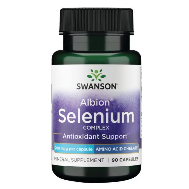 A bottle of Swanson Albion Selenium Complex contains 90 capsules, each with 200 mcg, offering antioxidant effects and immune support.