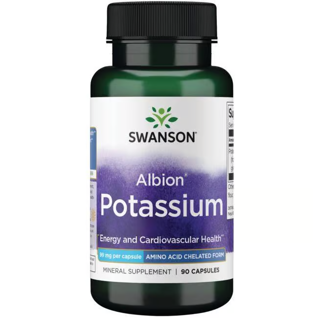 Swanson's Albion Potassium 99 mg supplement, containing 90 capsules, is formulated with Albion glycinate chelate for energy and cardiovascular health and supports optimal electrolyte balance.