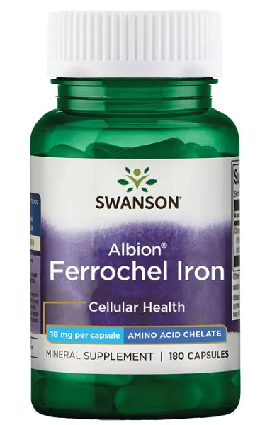 Um frasco de Swanson Ferrochel Iron - 18 mg 180 cápsulas Albion Chelated.
