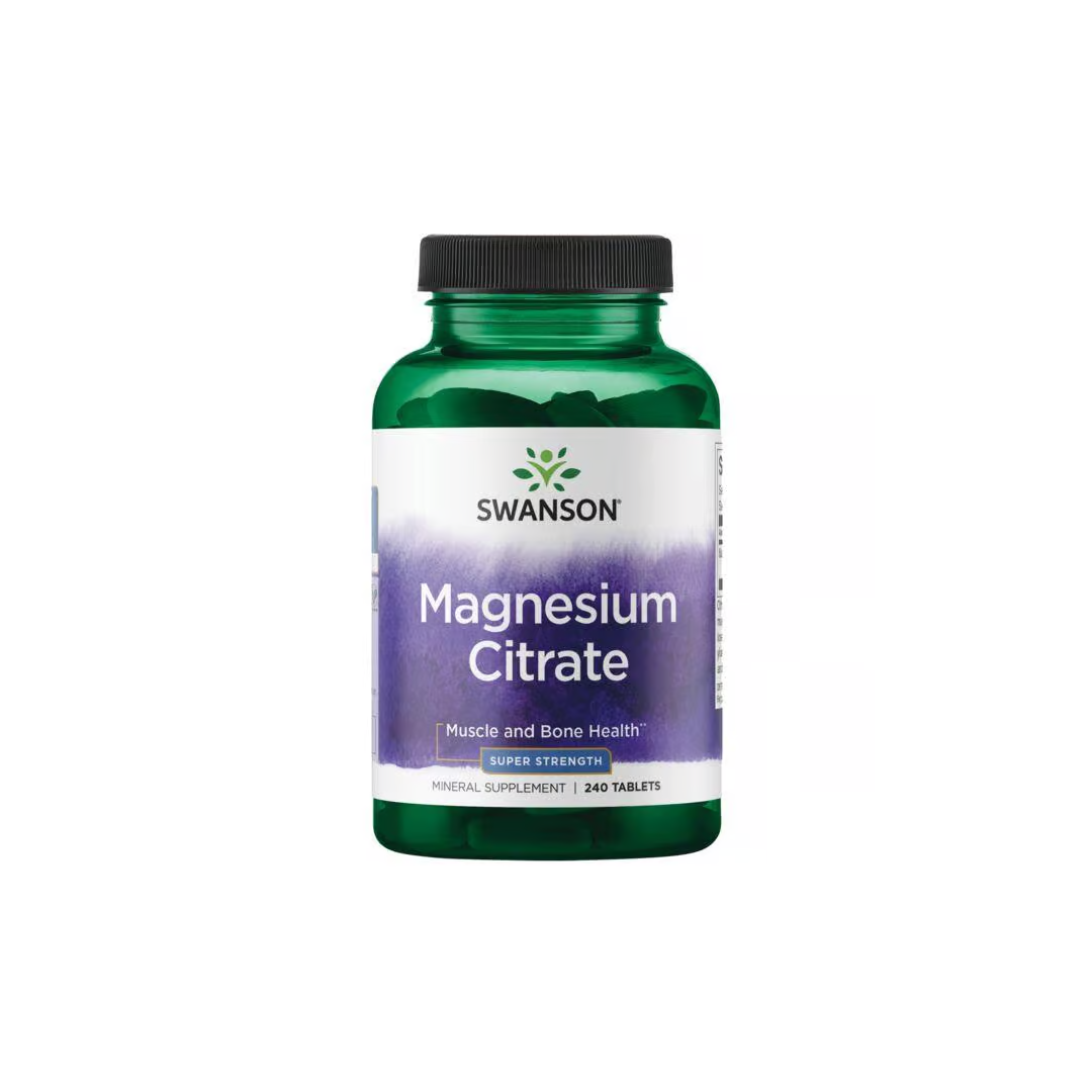 A bottle of Swanson Magnesium Citrate containing 240 tablets, labeled for muscle and healthy bones support, is available in green packaging.