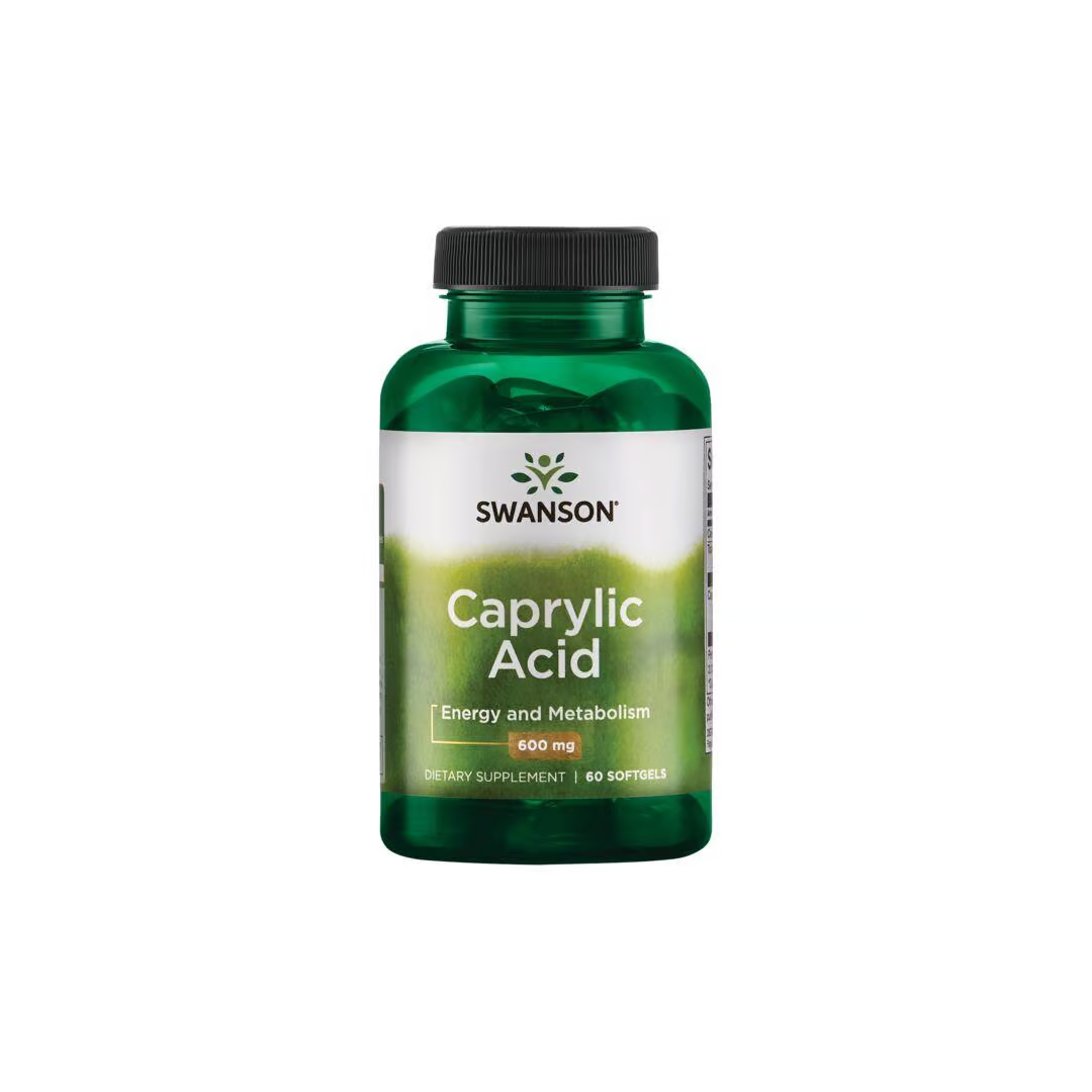 The green bottle of Swanson Caprylic Acid dietary supplement, labeled 600 mg and containing 60 softgels, is enhanced with MCT for energy and metabolism support.