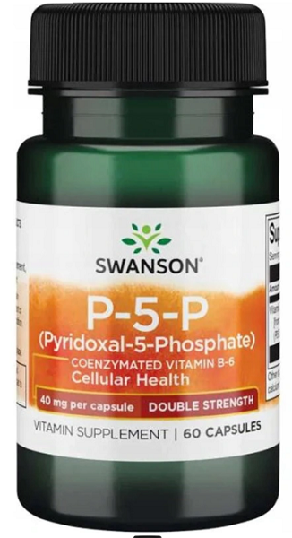 Um frasco de Swanson P-5-P Pyridoxal-5-Phosphate Double Strength - 40 mg 60 cápsulas suplemento para a saúde cardiovascular.