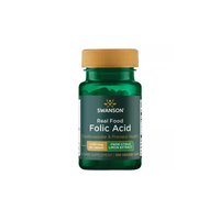 Thumbnail for Swanson Real Food Folic Acid supplement, 100 veggie capsules with 1000 mcg of Vitamin B9 per capsule for essential pregnancy support, comes in a green bottle with a yellow cap.