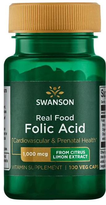 Um frasco de Swanson Real Food Folic Acid - 1000 mcg 100 cápsulas vegetais.