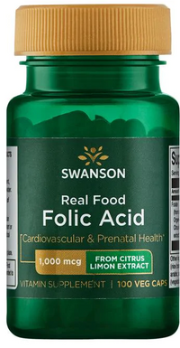 Miniatura de Um frasco de Swanson Real Food Folic Acid - 1000 mcg 100 cápsulas vegetais.