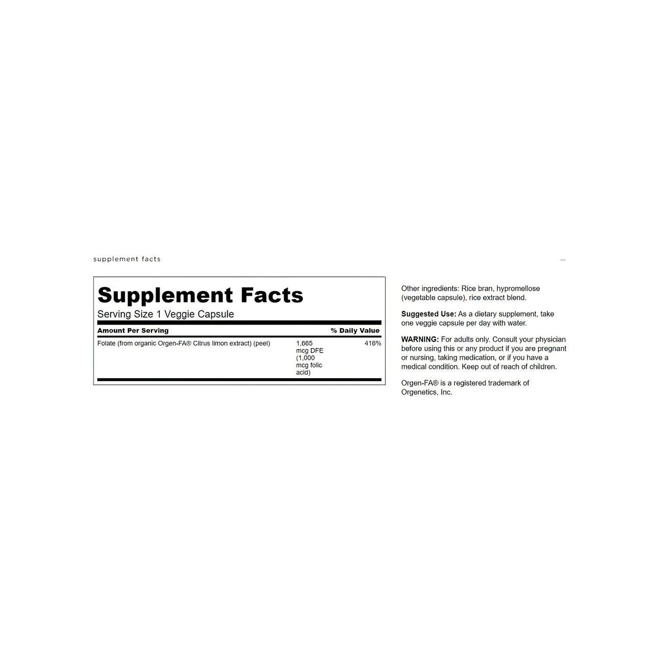 Um rótulo para Swanson Folic Acid - 1000 mcg 100 veggie capsules Real Food supplement.