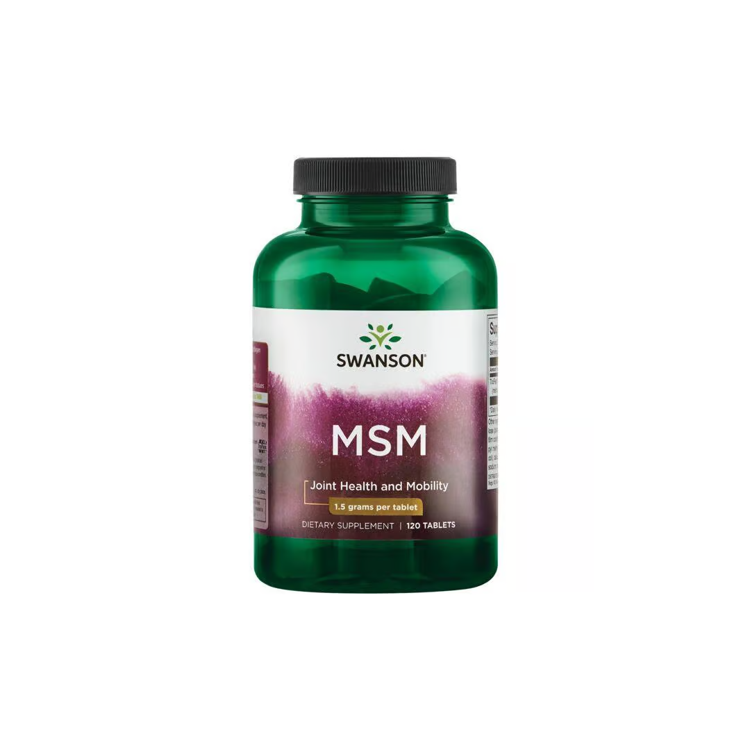 The Swanson MSM dietary supplement in a green bottle offers joint health and collagen support with 1,500 mg per tablet and contains 120 tablets.