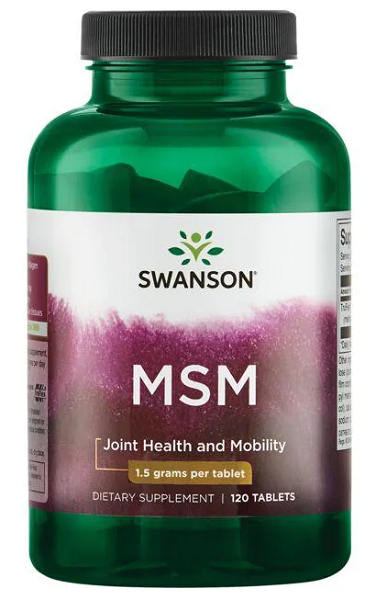 Um frasco de Swanson MSM - 1.500 mg 120 tabs, conhecido pelos seus benefícios para a saúde das articulações e pelo apoio à estrutura do colagénio. Com as suas potentes propriedades anti-inflamatórias, este suplemento é indispensável para manter o teu bem-estar geral.