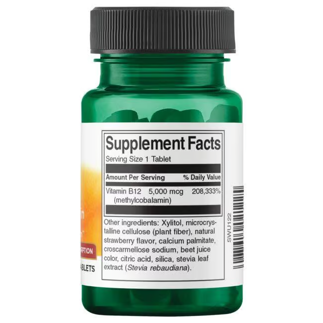 A Swanson Vitamin B-12 - 5000 mcg bottle, features neurologically active methylcobalamin tablets with ingredients like xylitol, cellulose, natural strawberry flavor, and silica listed on the label.