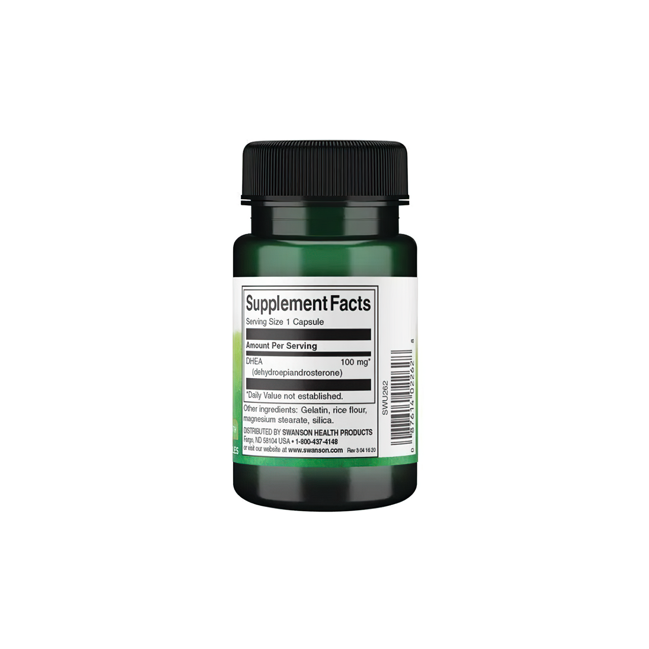 Um frasco de Swanson DHEA - 100 mg 60 capsules supplement sobre um fundo branco.