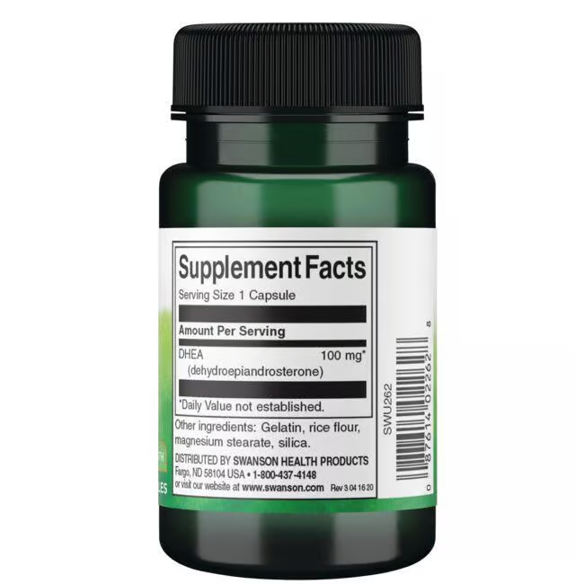 A green Swanson bottle labeled with supplement facts contains 60 capsules of DHEA 100 mg, often called the youth hormone, detailing serving size and ingredients for adrenal cortex support.