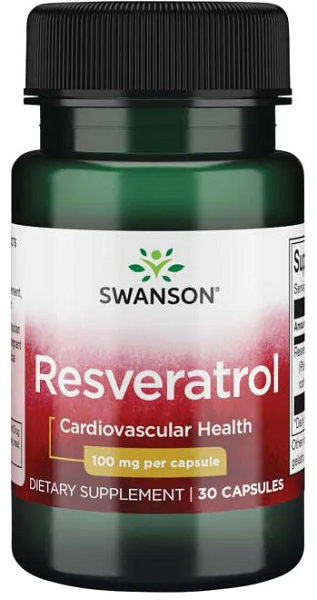 Um frasco de Swanson's Resveratrol - 100 mg 30 cápsulas, que oferece proteção antioxidante para a longevidade celular.