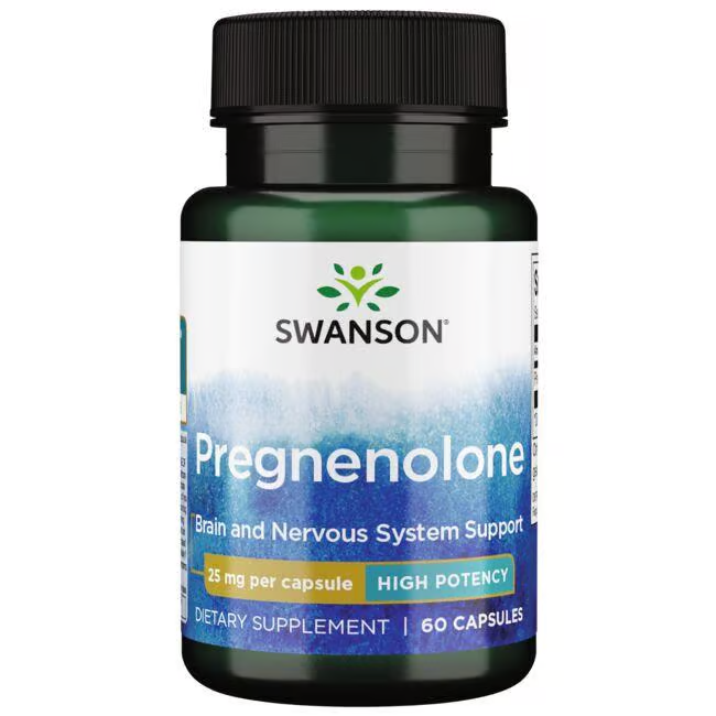 Swanson's Pregnenolone 25 mg 60 Capsules, a high-potency formula, supports brain function and the nervous system by harnessing the benefits of steroid hormones for cognitive health.