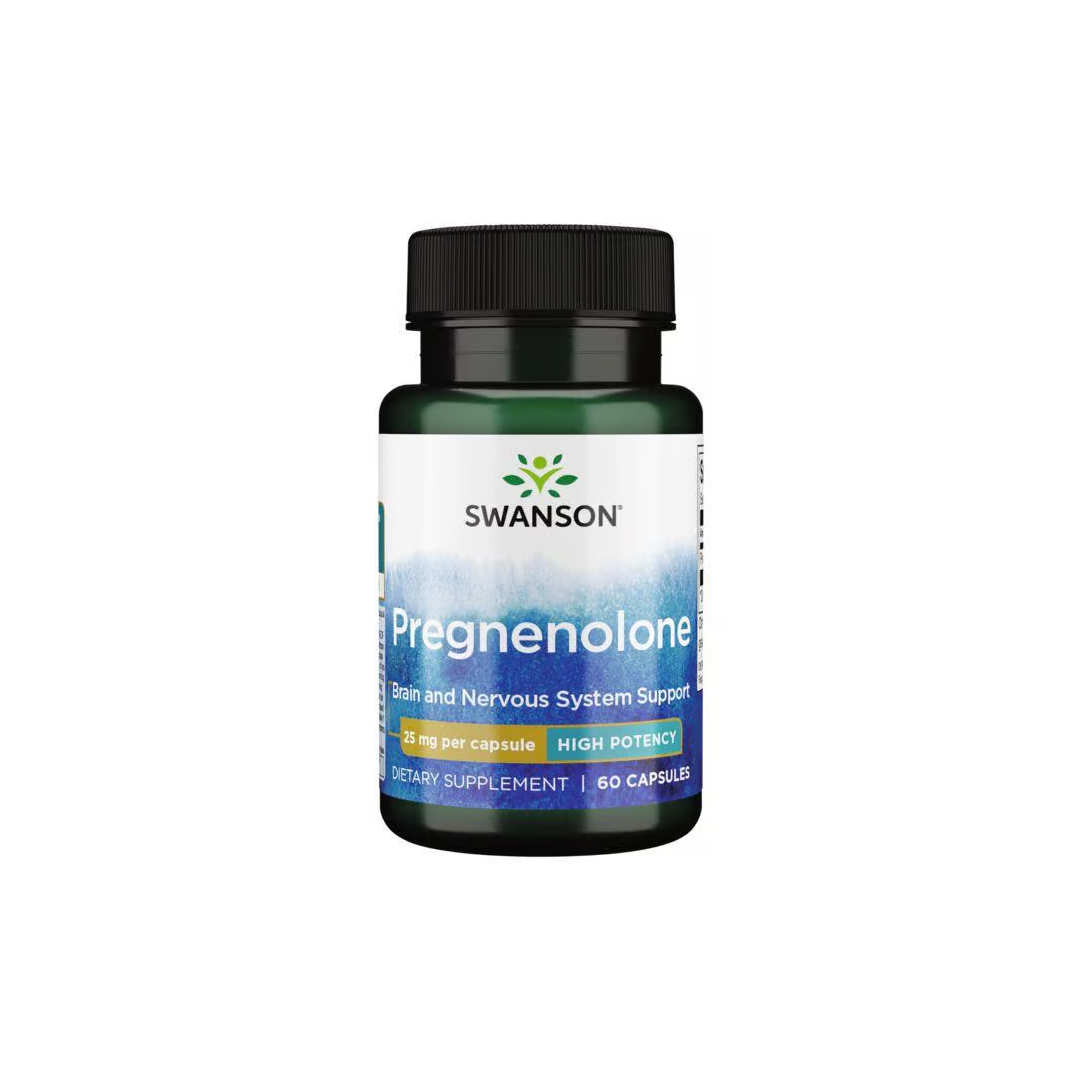 Swanson Pregnenolone, a high-potency supplement with 25 mg per capsule, provides brain function support with 60 capsules per bottle.