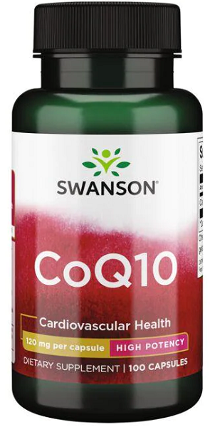 Um frasco de Swanson Coenzyme Q1O - 120 mg 100 cápsulas.