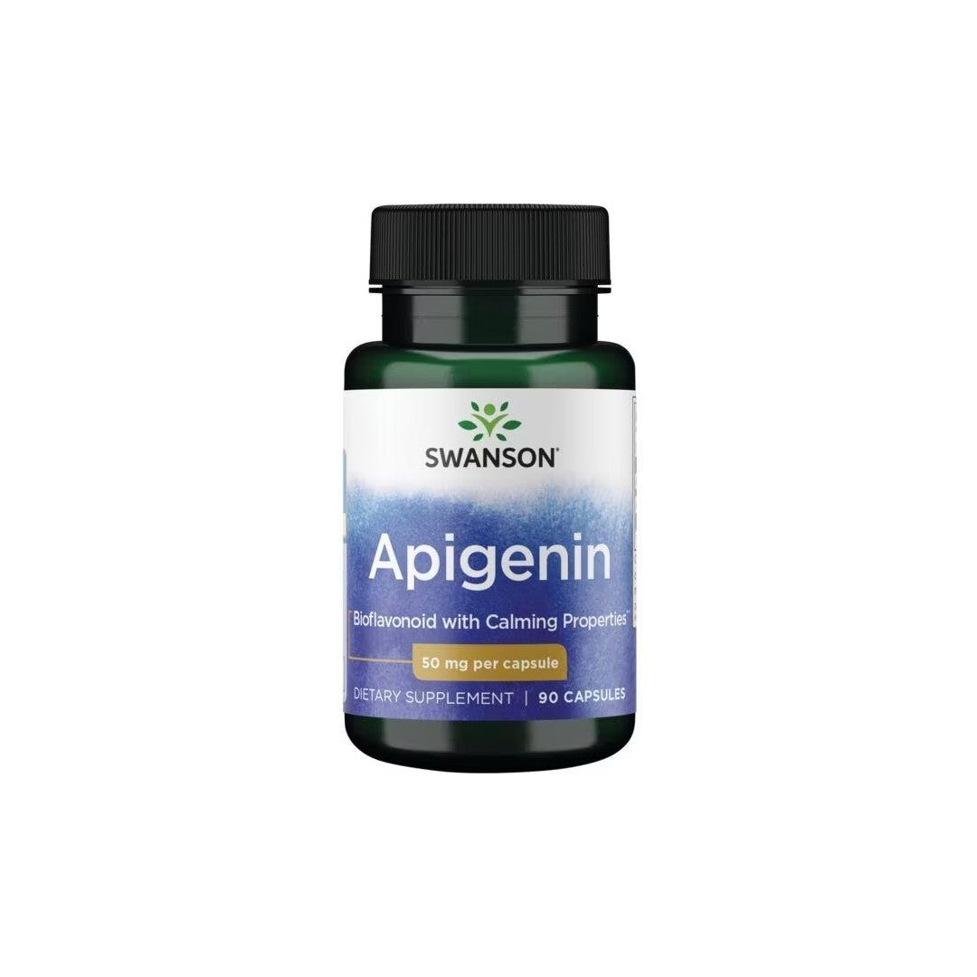 A bottle of Swanson Apigenin 50 mg 90 Capsules dietary supplement with 90 capsules, offering 50 mg per capsule and noted for its calming properties and antioxidant effects.