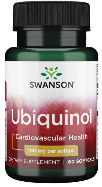 Ubiquinol 100 mg 60 Softgels from Swanson for cardiovascular health containing 100 mg per softgel, 60 softgels in total.