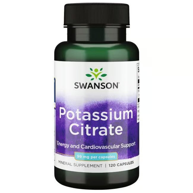 A bottle of Swanson Potassium Citrate 99 mg 120 Capsules, designed for energy, cardiovascular support, and blood pressure maintenance, contains 99 mg of this essential electrolyte mineral per capsule.