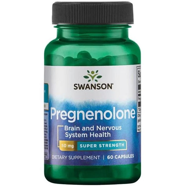 Um frasco de Swanson Pregnenolone - 50 mg 60 capsules, um precursor hormonal conhecido por apoiar a função cerebral.