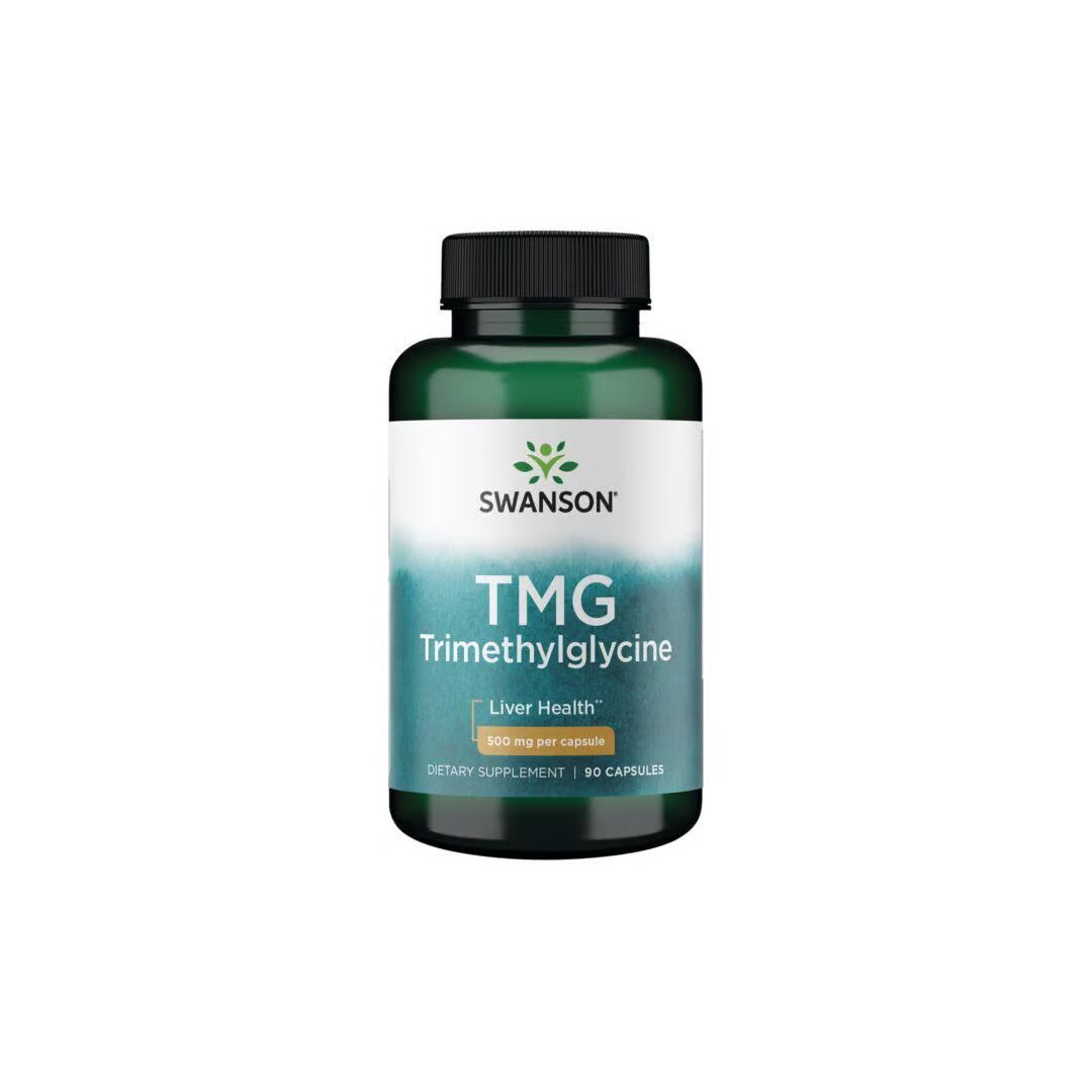 Swanson TMG Trimethylglycine dietary supplement, offering liver health and cardiovascular support, comes in a bottle with 90 capsules, each containing 500 mg.