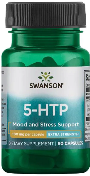 Um frasco de Swanson 5-HTP Extra Strength - 100 mg 60 cápsulas de apoio ao humor e ao stress.