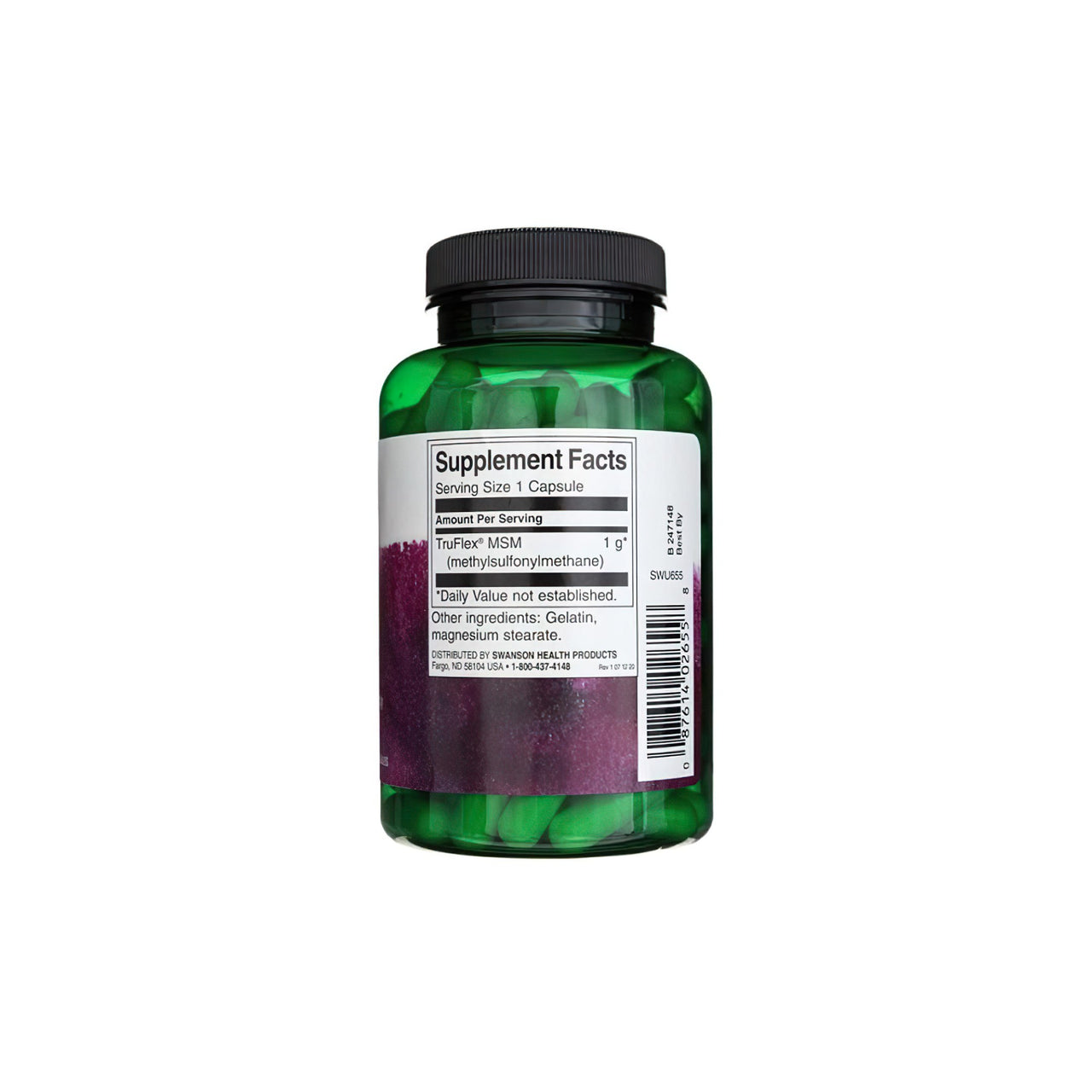 Um frasco de Swanson MSM 1000 mg 120 caps suplementos de saúde para as articulações sobre um fundo branco.