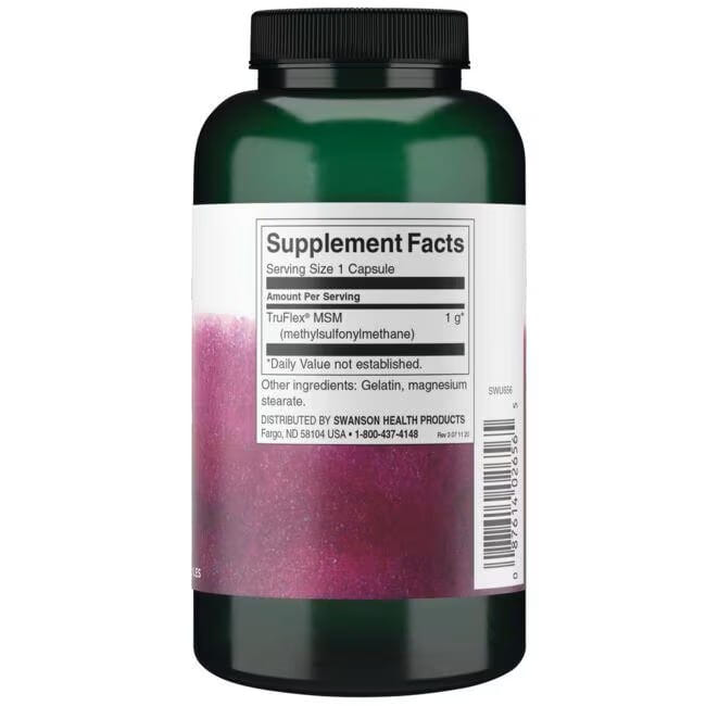 A green bottle of Swanson's MSM 1000 mg 120 Capsules showcases supplement facts, emphasizes joint health benefits, and includes Swanson's contact information.