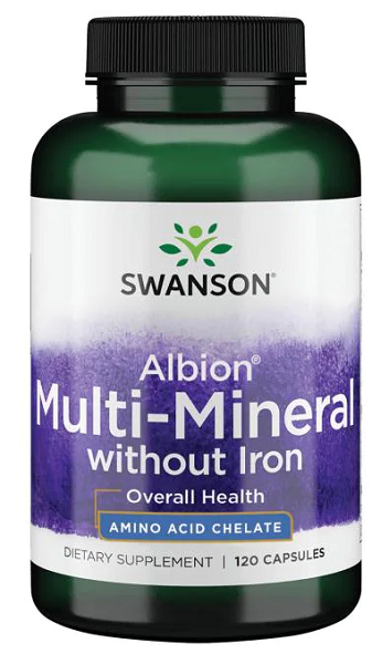 Swanson Multi-Mineral without Iron Albion - 120 cápsulas, utilizando as tecnologias inovadoras de quelação da Albion para obter glicinatos minerais altamente absorvíveis.