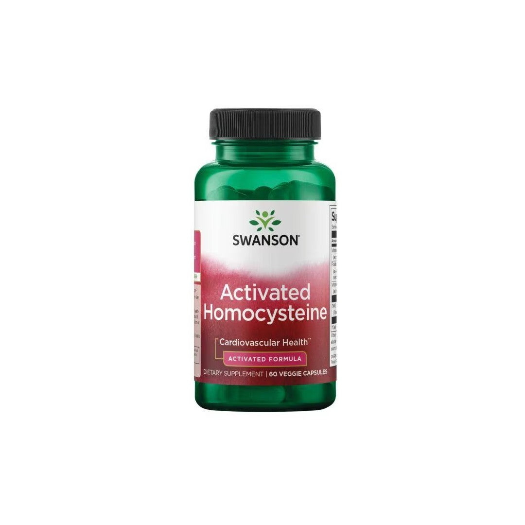 A green bottle labeled "Swanson Activated Homocysteine 60 Veggie Capsules" for cardiovascular and heart health, containing 60 veggie capsules of dietary supplement.