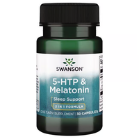 Thumbnail for A green bottle of Swanson's 5-HTP 50 mg & Melatonin 3 mg, marketed for enhanced sleep support, contains 30 capsules.