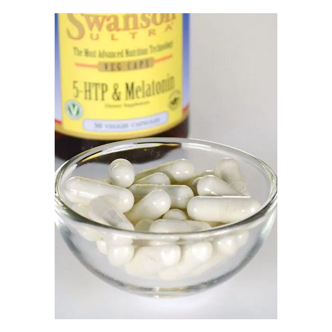 A glass bowl of white capsules stands before a bottle labeled "Swanson 5-HTP 50 mg & Melatonin 3 mg," emphasizing its role in promoting sleep support with melatonin and calming benefits of 5-HTP.