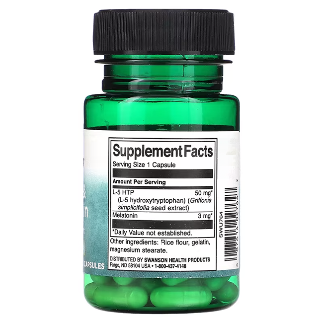 Swanson's 5-HTP 50 mg & Melatonin 3 mg supplement, in a green bottle with labeled supplement facts, supports sleep with L-5 HTP and melatonin. It includes rice flour, gelatin, and magnesium stearate for restful nights.