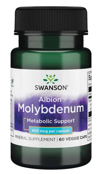 Um frasco de Swanson's Molibdénio - 400 mcg 60 cápsulas Albion Chelated, um mineral quelatado crucial para o metabolismo e a absorção.