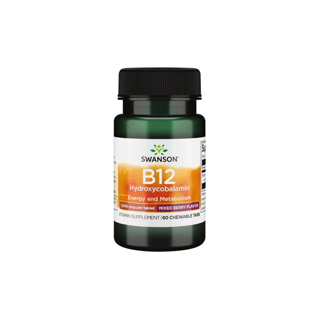 Swanson's Vitamin B-12 Hydroxocobalamin offers 1000 mcg per chewable tab in a mixed berry flavor, designed for energy and metabolism support. Contains 60 tablets to meet your Vitamin B12 needs.