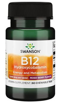 Thumbnail for A bottle of Swanson Vitamin B-12 - 1000 mcg 60 tabs Hydroxycobalamin, known for its fast absorption and benefits to cardiovascular health.