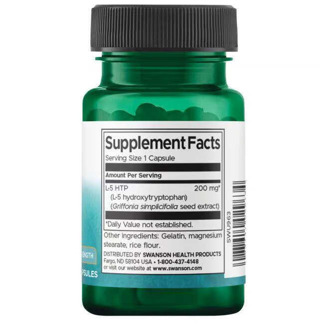 A green bottle of Swanson's 5-HTP Maximum Strength supplements contains 60 capsules of 200 mg L-5 Hydroxytryptophan each, sourced from Griffonia simplicifolia, to support serotonin and enhance well-being naturally.