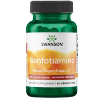 Thumbnail for A green bottle of Swanson Benfotiamine (Vitamin B1) contains 60 veggie capsules, each with 300 mg, designed for energy production and blood sugar support in a highly absorbable form.