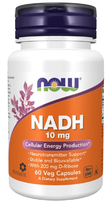 Now Foods NADH 10 mg 60 Vegetable Capsules support energy production and the immune system, reducing fatigue and tiredness.