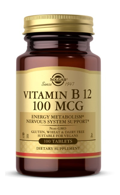 A bottle of Solgar Vitamin B12 100 mcg, 100 Tablets, labeled as gluten-free and suitable for vegans, supports metabolism, dietary supplement.