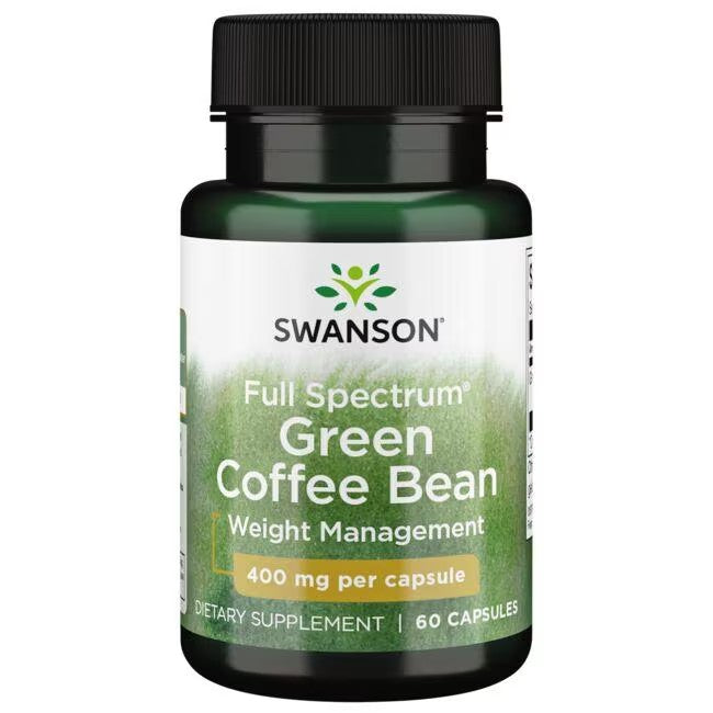 A bottle of Swanson Green Coffee Bean 400 mg 60 Capsules dietary supplement, labeled for weight loss with chlorogenic acid, 60 capsules total.