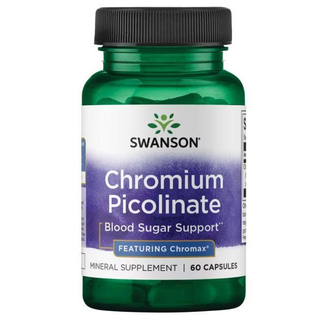 Bottle of Swanson Chromium Picolinate - Featuring Chromax 200 mcg 60 Capsules dietary supplement for glucose metabolism and weight management.