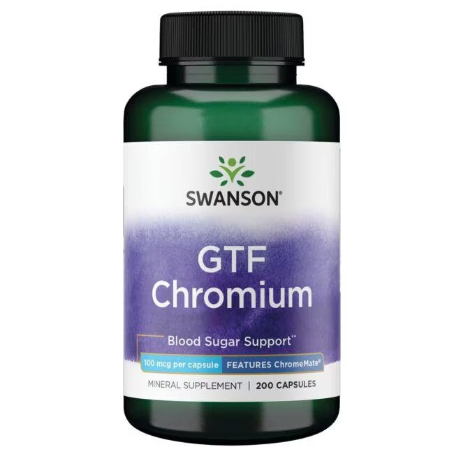 A Swanson green bottle with a white label for weight management featuring GTF Chromium - Features ChromeMate 100 mcg 200 Capsules.