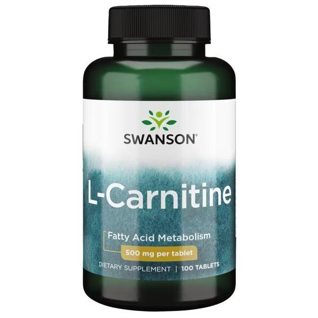 Bottle of Swanson L-Carnitine 500 mg 100 Tablets dietary supplement, designed to support fat burning and enhance physical performance.