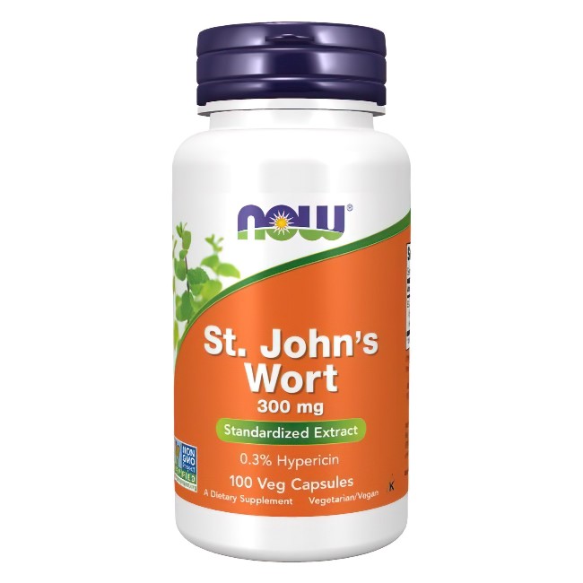 Bottle of Now Foods St. John's Wort 300 mg 100 Veg Capsules dietary supplements for mood improvement.