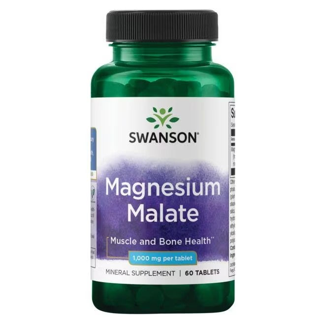 A bottle of Swanson Magnesium Malate supplement, emphasizing cellular energy production, bone and dental health, with 60 tablets of 150 mg per tablet.