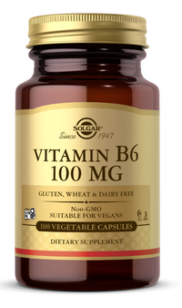 Thumbnail for Solgar's Vitamin B6 100 mg 100 vegetable capsules is a beneficial supplement that contains pyridoxine.