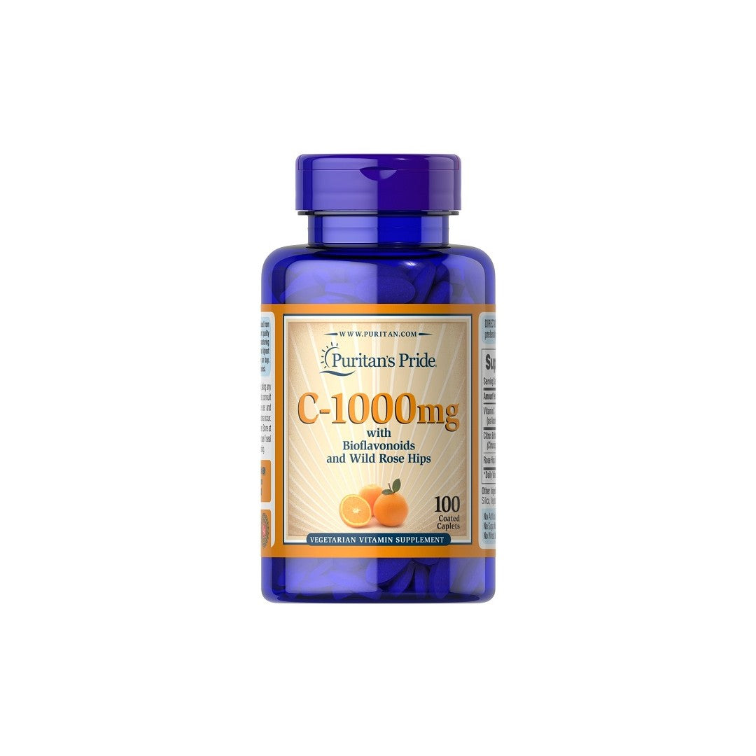 A bottle of Puritan's Pride Vitamin C-1000 mg with Bioflavonoids & Rose Hips 100 Caplets.