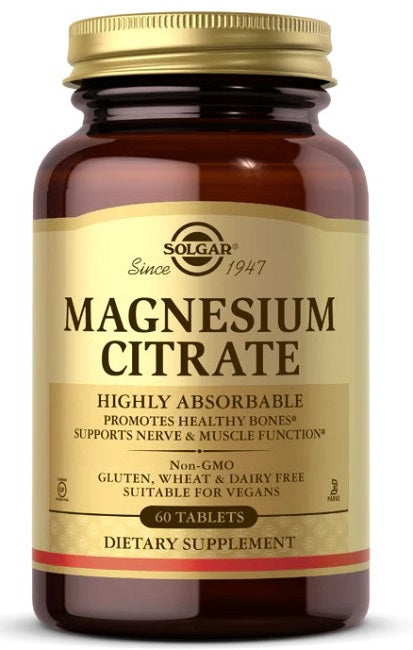 Um frasco de Solgar Magnesium Citrate 420 mg 60 tabs.